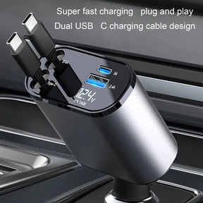 4 In 1 Fast-Charging Car Charger With Retractable Cable